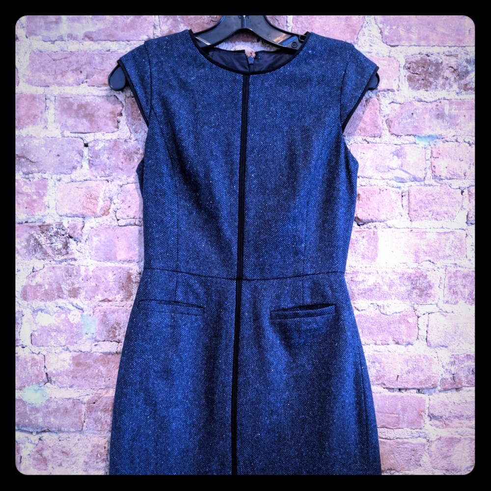 Form fitting navy tweed business dress